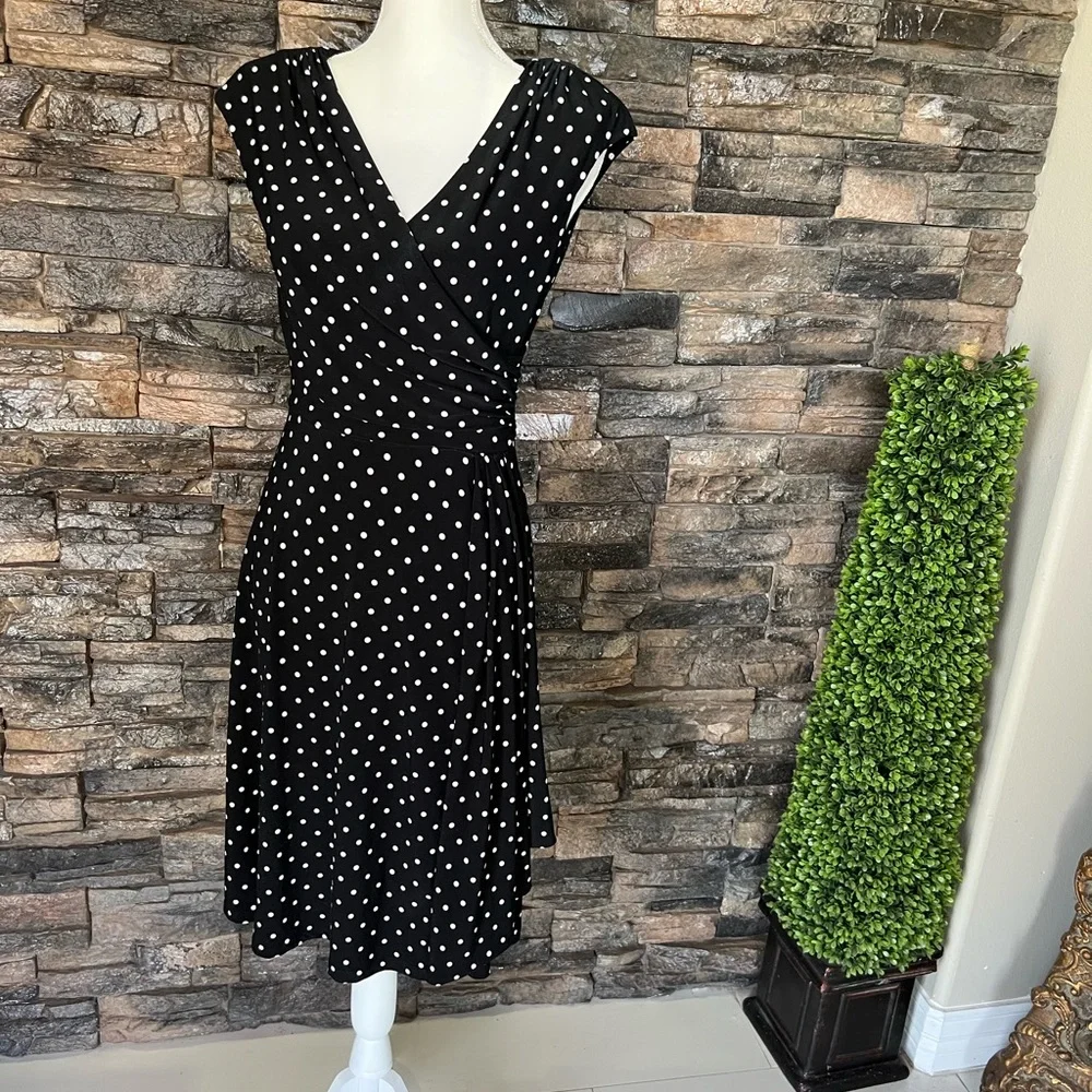 Ralph Lauren Black and White V-Neck Midi Dress - Picture 1 of 8